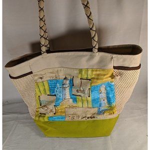 Paul Brent Lighthouse Tote Bag Summer Beach Bag Beige Green Blue Shoulder Purse